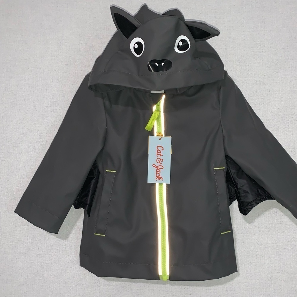 Cat and Jack Size 12M Black Gray Winged Bat Hooded Jacket Zip Raincoat NEW NWT